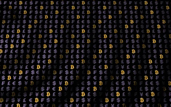 Bitcoin en valuta op een donkere achtergrond. Digitale crypto valuta symbool. Wave-effect, wisselkoersschommelingen. Bedrijfsconcept. 3D illustratie — Stockfoto