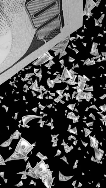 Létající dolarů bankovky, samostatný na tmavém pozadí. Peníze se vznáší ve vzduchu. 100 amerických bankovek nový vzorek. Černá a bílá stylu. 3D obrázek — Stock fotografie