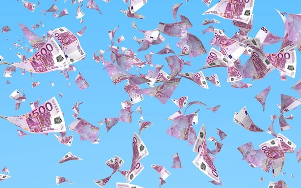 Billetes en euros voladores sobre el fondo del cielo. El dinero vuela en el aire. 500 euros en color. Ilustración 3D — Foto de Stock