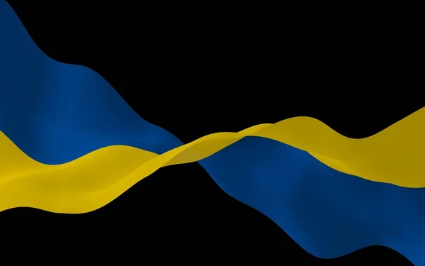 La bandiera di Ukraine su uno sfondo scuro. Bandiera nazionale e guardiamarina statale. Bicolore blu e giallo. Illustrazione 3D sventola bandiera — Foto Stock