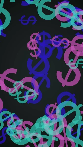 Signos de dólar translúcidos multicolores sobre fondo oscuro. Tonos verdes. Ilustración 3D — Foto de Stock