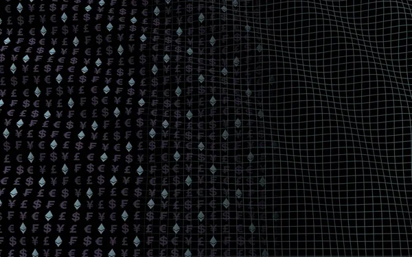 Ethereum Crystal och valuta på en mörk bakgrund. Symbol för digital krypto valuta. Affärsidé. Marknads visning. 3D-illustration — Stockfoto