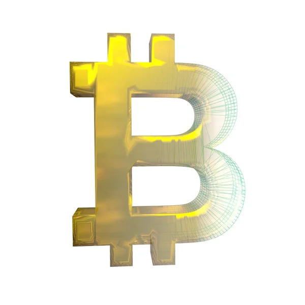 Signo de Bitcoin, la cuadrícula verde se convierte en oro sobre fondo blanco. Ilustración 3D —  Fotos de Stock