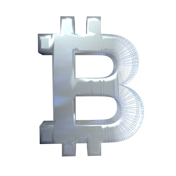 Bitcoin sign, platinum or silver turns into a blue grid on a white background. 3D illustration — Stock Photo, Image