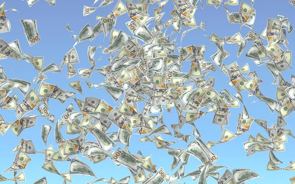 Notas de dólares voadores isoladas num fundo azul. O dinheiro está a voar no ar. 100 notas dos EUA nova amostra. Ilustração 3D — Fotografia de Stock