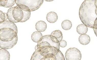 Bitcoin ekonomik mali balonu. kripto para birimi 3d illüstrasyon. İş konsepti. Beyaz arka planda altın kabarcıklar. Bit, Sikke, madencilik kavramı