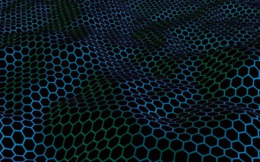 Petek mavi dalga etkisi koyu bir arka plan üzerinde. Çokgen in perspektif görünümü petek gibi görünüyor. Biyometrik geometri. 3d illüstrasyon