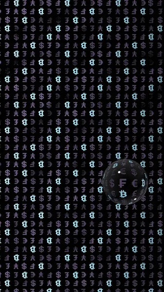Bitcoin och valuta på en mörk bakgrund. Digital kryptosymbol. Valutabubbla, vågeffekt, marknadsfluktuationer. Affärsidé. 3D-illustration — Stockfoto