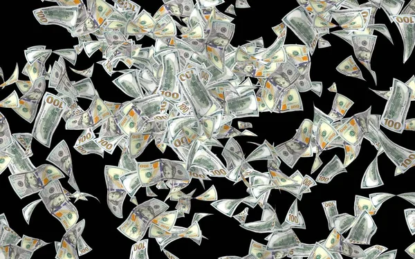 Notas de dólares voadores isoladas no fundo escuro. O dinheiro está a voar no ar. 100 notas dos EUA nova amostra. Ilustração 3D — Fotografia de Stock