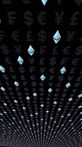 Cristallo e valuta Ethereum su sfondo scuro. Simbolo di valuta crittografica digitale. Concetto aziendale. Esposizione di mercato. Illustrazione 3D — Foto Stock