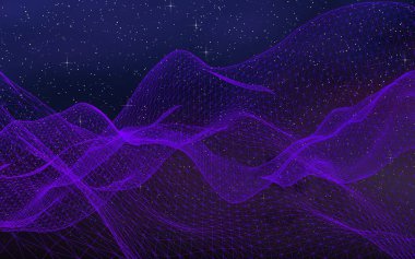 Karanlık bir arka planda soyut ultraviyole manzara. Mor siber uzay şebekesi. Merhaba teknoloji ağı. Uzay boşluğu. Mor yıldızlı uzay dokusu. 3B illüstrasyon