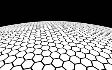 Koyu arka plandaki beyaz petek. Çokgen in perspektif görünümü petek gibi görünüyor. Top, gezegen, ağ, petekler, hücrelerle kaplı. 3d illüstrasyon