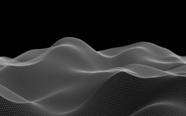 Siyah arka plan üzerinde soyut gri manzara. Siber uzay şebekesi. merhaba teknoloji ağı. 3d teknoloji illüstrasyon. Alan derinliği. 3d illüstrasyon