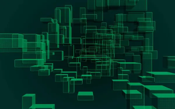 Fondo digital y tecnológico abstracto verde y oscuro. El patrón con rectángulos de repetición. Ilustración 3D —  Fotos de Stock