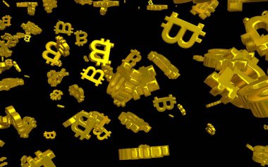 Karanlık bir arka planda dijital para birimi sembolü Bitcoin. Bitcoin düşüşü. Sanal ekranda kripto para birimi grafiği. İş, finans ve teknoloji kavramı. 3B illüstrasyon