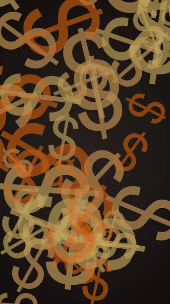 Signos de dólar translúcidos multicolores sobre fondo oscuro. Tonos naranjas. Ilustración 3D —  Fotos de Stock