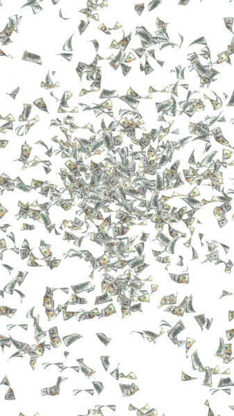 白い背景に孤立したドル紙幣を飛んでいます。お金が空を飛んでいる。100米国の銀行券の新しいサンプル。3Dイラスト — ストック写真