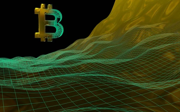 Цифровая валюта, золотой символ Bitcoin на абстрактном темном фоне. Рост криптовалютного рынка. Концепция бизнеса, финансов и технологий. 3D иллюстрация — стоковое фото