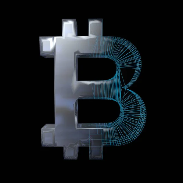 Bitcoin jel, platina vagy ezüst válik kék rács fekete háttér. 3D-illusztráció — Stock Fotó