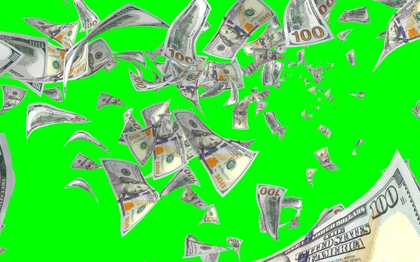 Banconote Dollari Volanti Isolate Chromakey Soldi Volano Aria 100 Banconote — Foto Stock