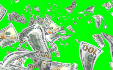 Kromakeyle izole edilmiş uçan dolar banknotları. Havada para uçuyor. 100 Amerikan doları yeni numune alıyor. 3B illüstrasyon