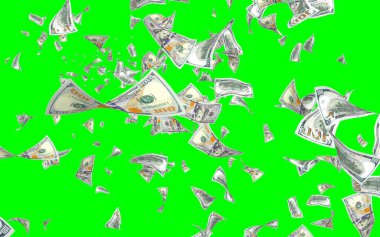 Kromakeyle izole edilmiş uçan dolar banknotları. Havada para uçuyor. 100 Amerikan doları yeni numune alıyor. 3B illüstrasyon
