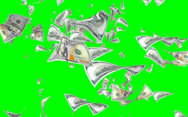 Flying dollars banknotes isolated on chromakey. Money is flying in the air. 100 US banknotes new sample. 3D illustration