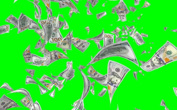 Banconote Dollari Volanti Isolate Chromakey Soldi Volano Aria 100 Banconote — Foto Stock