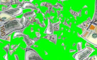 Kromakeyle izole edilmiş uçan dolar banknotları. Havada para uçuyor. 100 Amerikan doları yeni numune alıyor. 3B illüstrasyon