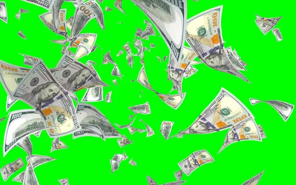 Banconote Dollari Volanti Isolate Chromakey Soldi Volano Aria 100 Banconote — Foto Stock