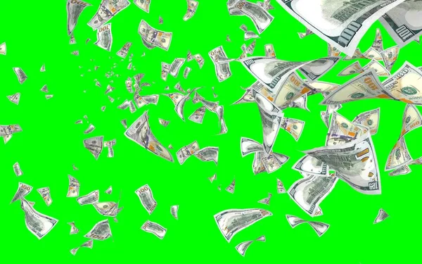 Notas Dólares Voadores Isoladas Chromakey Dinheiro Está Voar 100 Notas — Fotografia de Stock