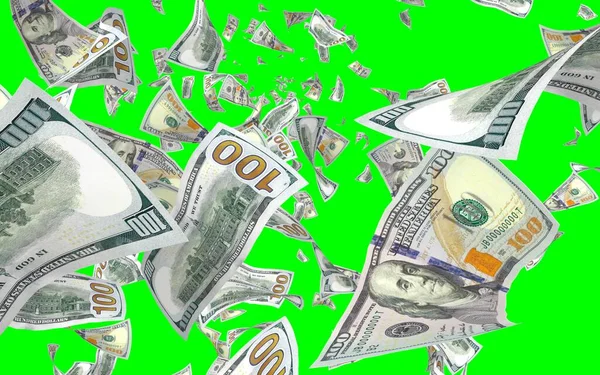 クロマキーで孤立したドル紙幣を飛んでいる お金が空を飛んでいる 100米国の銀行券の新しいサンプル 3Dイラスト — ストック写真
