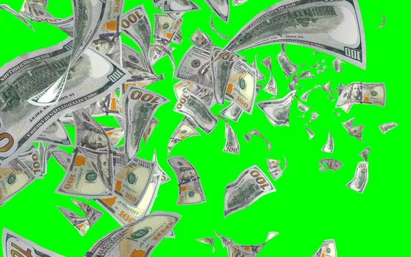 Banconote Dollari Volanti Isolate Chromakey Soldi Volano Aria 100 Banconote — Foto Stock