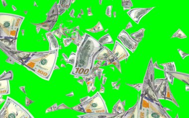Kromakeyle izole edilmiş uçan dolar banknotları. Havada para uçuyor. 100 Amerikan doları yeni numune alıyor. 3B illüstrasyon
