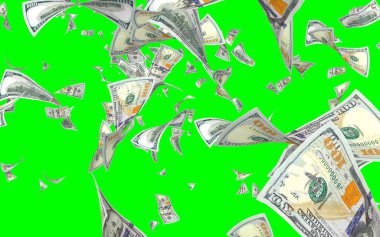 Kromakeyle izole edilmiş uçan dolar banknotları. Havada para uçuyor. 100 Amerikan doları yeni numune alıyor. 3B illüstrasyon