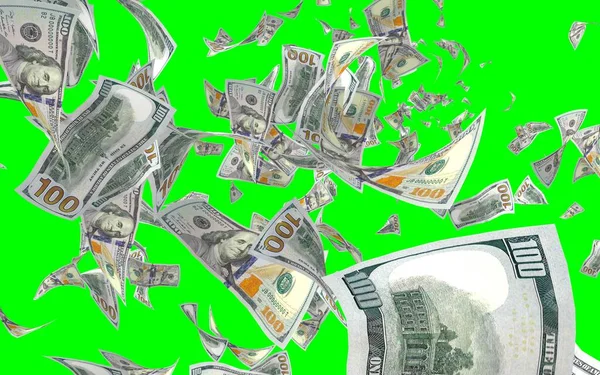 Banconote Dollari Volanti Isolate Chromakey Soldi Volano Aria 100 Banconote — Foto Stock