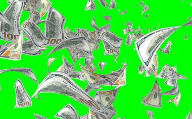 Kromakeyle izole edilmiş uçan dolar banknotları. Havada para uçuyor. 100 Amerikan doları yeni numune alıyor. 3B illüstrasyon