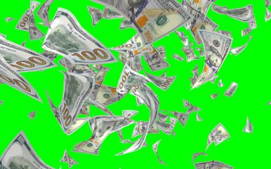 Kromakeyle izole edilmiş uçan dolar banknotları. Havada para uçuyor. 100 Amerikan doları yeni numune alıyor. 3B illüstrasyon