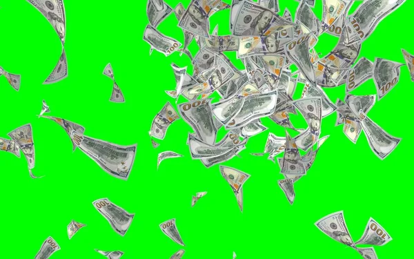 Flying dollars banknotes isolated on chromakey. Money is flying in the air. 100 US banknotes new sample. 3D illustration