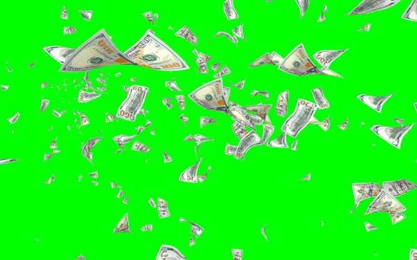 Banconote Dollari Volanti Isolate Chromakey Soldi Volano Aria 100 Banconote — Foto Stock