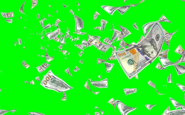 Banconote Dollari Volanti Isolate Chromakey Soldi Volano Aria 100 Banconote — Foto Stock