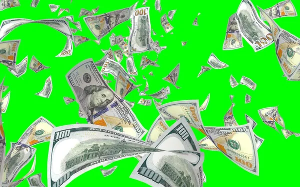 Vliegende Dollars Bankbiljetten Geïsoleerd Chromakey Het Geld Vliegt Lucht 100 — Stockfoto