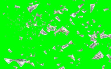 Kromakeyle izole edilmiş uçan dolar banknotları. Havada para uçuyor. 100 Amerikan doları yeni numune alıyor. 3B illüstrasyon
