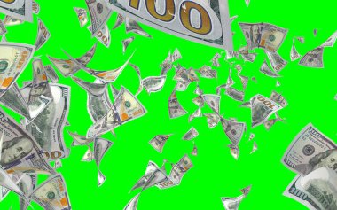 Kromakeyle izole edilmiş uçan dolar banknotları. Havada para uçuyor. 100 Amerikan doları yeni numune alıyor. 3B illüstrasyon