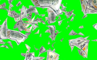 Kromakeyle izole edilmiş uçan dolar banknotları. Havada para uçuyor. 100 Amerikan doları yeni numune alıyor. 3B illüstrasyon