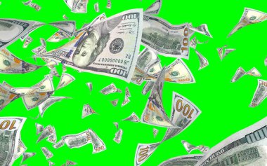 Kromakeyle izole edilmiş uçan dolar banknotları. Havada para uçuyor. 100 Amerikan doları yeni numune alıyor. 3B illüstrasyon