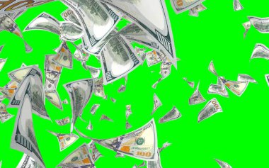 Kromakeyle izole edilmiş uçan dolar banknotları. Havada para uçuyor. 100 Amerikan doları yeni numune alıyor. 3B illüstrasyon