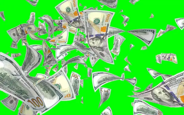 Banconote Dollari Volanti Isolate Chromakey Soldi Volano Aria 100 Banconote — Foto Stock