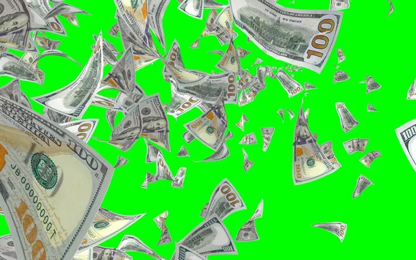 Flying dollars banknotes isolated on chromakey. Money is flying in the air. 100 US banknotes new sample. 3D illustration