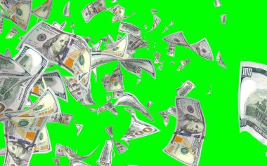 Kromakeyle izole edilmiş uçan dolar banknotları. Havada para uçuyor. 100 Amerikan doları yeni numune alıyor. 3B illüstrasyon